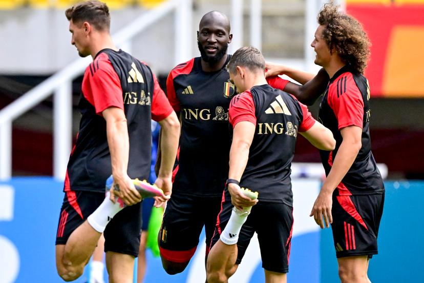 Belgium's Thomas Meunier, Belgium's Romelu Lukaku and Belgium's Wout Faes pictured during a training session of the Red Devils, the Belgian national soccer team, In Skopje, Northern Macedonia, Thursday 05 June 2025. The team is preparing for the World Cup 2026 qualifiers against North Macedonia (06/06). BELGA PHOTO DIRK WAEM