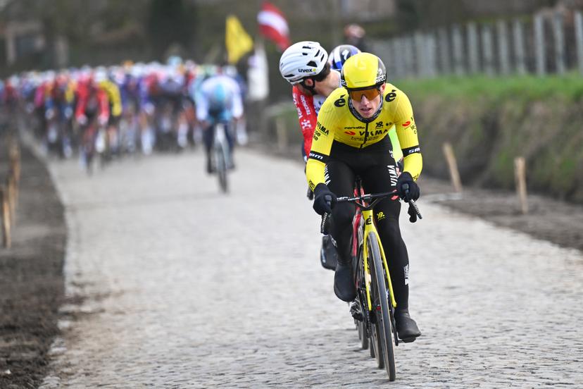British James Matthew Brennan of Team Visma-Lease a Bike pictured in action during the men's one-day cycling race Omloop Het Nieuwsblad (UCI World Tour), 197 km from Gent to Ninove, Saturday 01 March 2025. BELGA PHOTO POOL LUC CLAESSEN