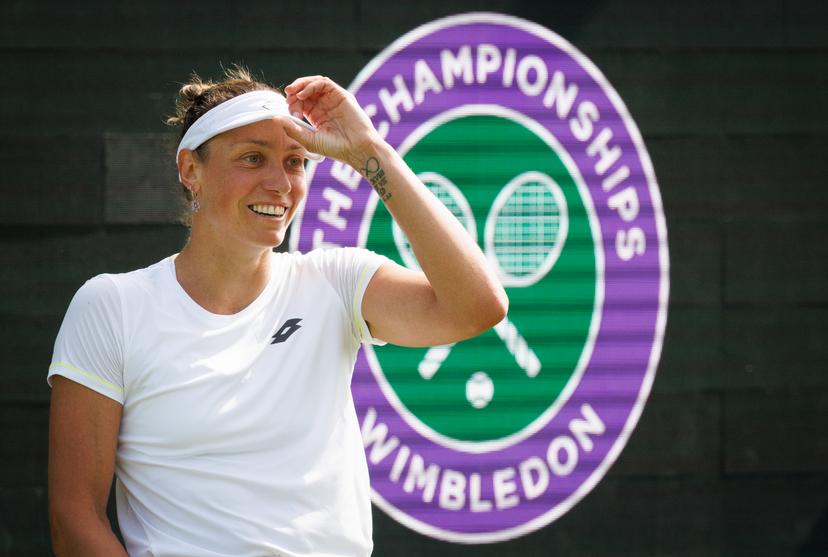 Belgian Yanina Wickmayer pictured in action during the afternoon training session the 2025 Wimbledon grand slam tennis tournament at the All England Tennis Club, in south-west London, Britain, Thursday 26 June 2025. BELGA PHOTO BENOIT DOPPAGNE