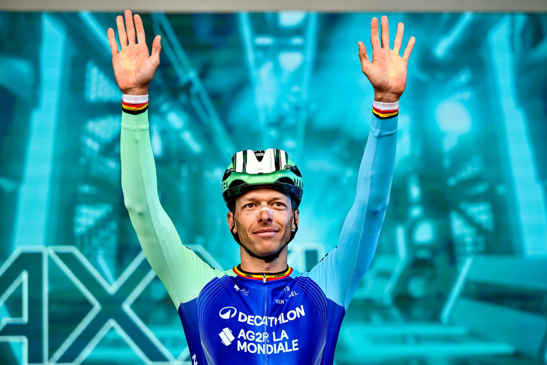 Belgian Oliver Naesen of Decathlon AG2R La Mondiale Team pictured at the start of the 'E3 Saxo Bank Classic' one day cycling race, 208,8 km from and to Harelbeke, on Friday 28 March 2025. BELGA PHOTO DIRK WAEM