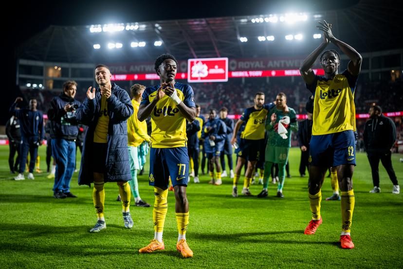 Union's players celebrate after winning a soccer match between Royal Antwerp FC and Union Saint-Gilloise, Saturday 17 May 2025 in Brussels, on day 9 (out of 10) of the Champions' Play-offs of the 2024-2025 'Jupiler Pro League' first division of the Belgian championship. BELGA PHOTO JASPER JACOBS