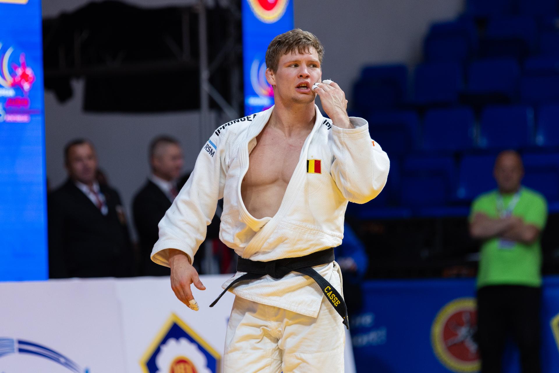 Belgian Matthias Casse reacts during a fight in the Men -81kg, at the European Judo Championships in Podgorica, Montenegro, on Friday 25 April 2025. The tournament is taking place from 23 tot 27 April 2025.  BELGA PHOTO NIKOLA KRISTC