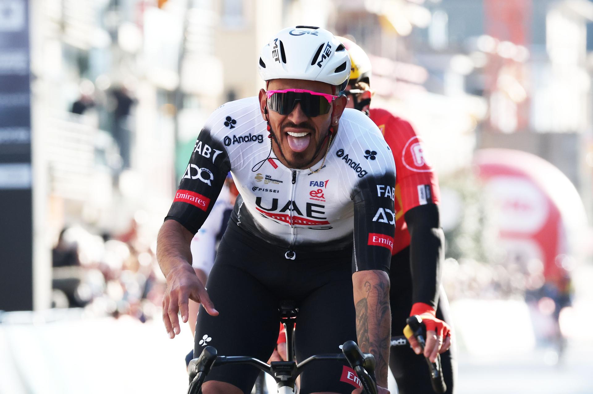 Colombian Juan Sebastian Molano of UAE Team Emirates celebrates after winning the 'Classic Brugge-De Panne' men's elite one-day cycling race, 195,6 km from Brugge to De Panne, Wednesday 26 March 2025. BELGA PHOTO KURT DESPLENTER