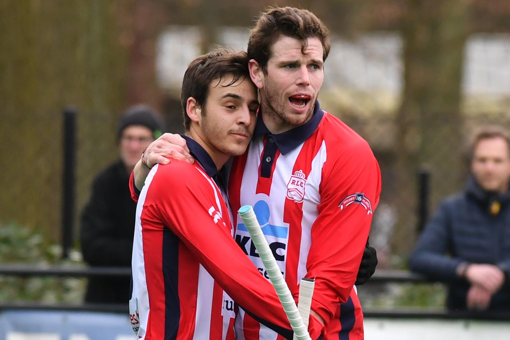 Leopold's Dylan Englebert celebrates after scoring during a hockey game between KHC Dragons and Royal Leopold Club, Sunday 12 March 2023 in Brasschaat, on day 14 of the Belgian Men Hockey League season 2022-2023. BELGA PHOTO JILL DELSAUX