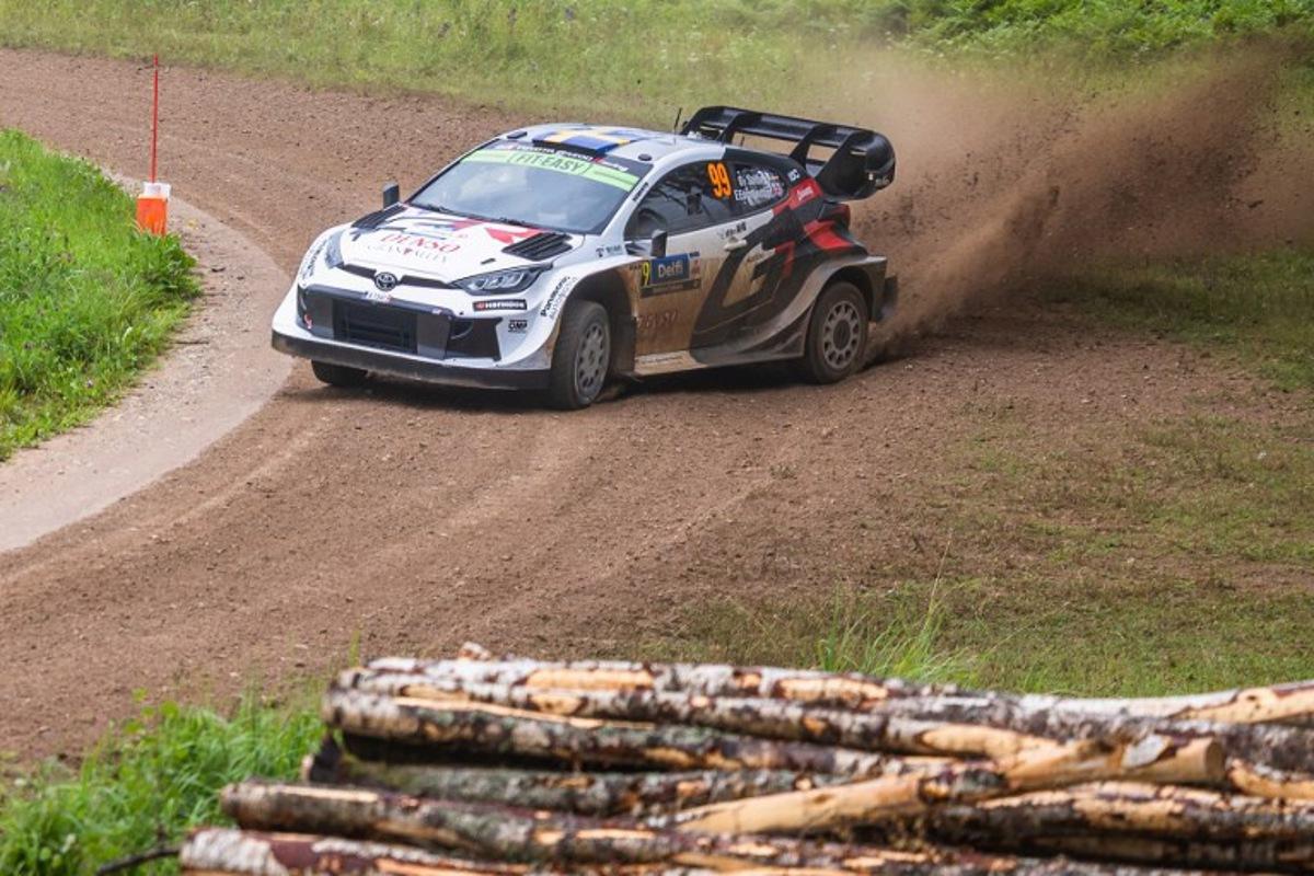 Swedish Oliver Solberg and his British co-driver Elliott Edmondson compete in their Toyota Yaris Rally1 during the Hellenurme stage of the WRC Rally Estonia, the eighth round of the FIA World Rally Championship, on July 20, 2025 near Otepaa, Estonia.  TIMO ANIS / AFP
