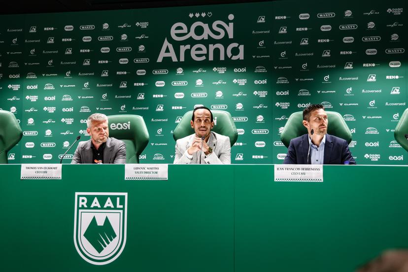Easi CEO Thomas Van Eeckhout, Easi Sales director Ludovic Martins and Easi CEO Jean-Francois Herremans pictured during a press conference of Belgian soccer team RAAL La Louviere, Wednesday 18 June 2025 in La Louviere, in preparation of the upcoming 2025-2026 first division season. BELGA PHOTO BRUNO FAHY