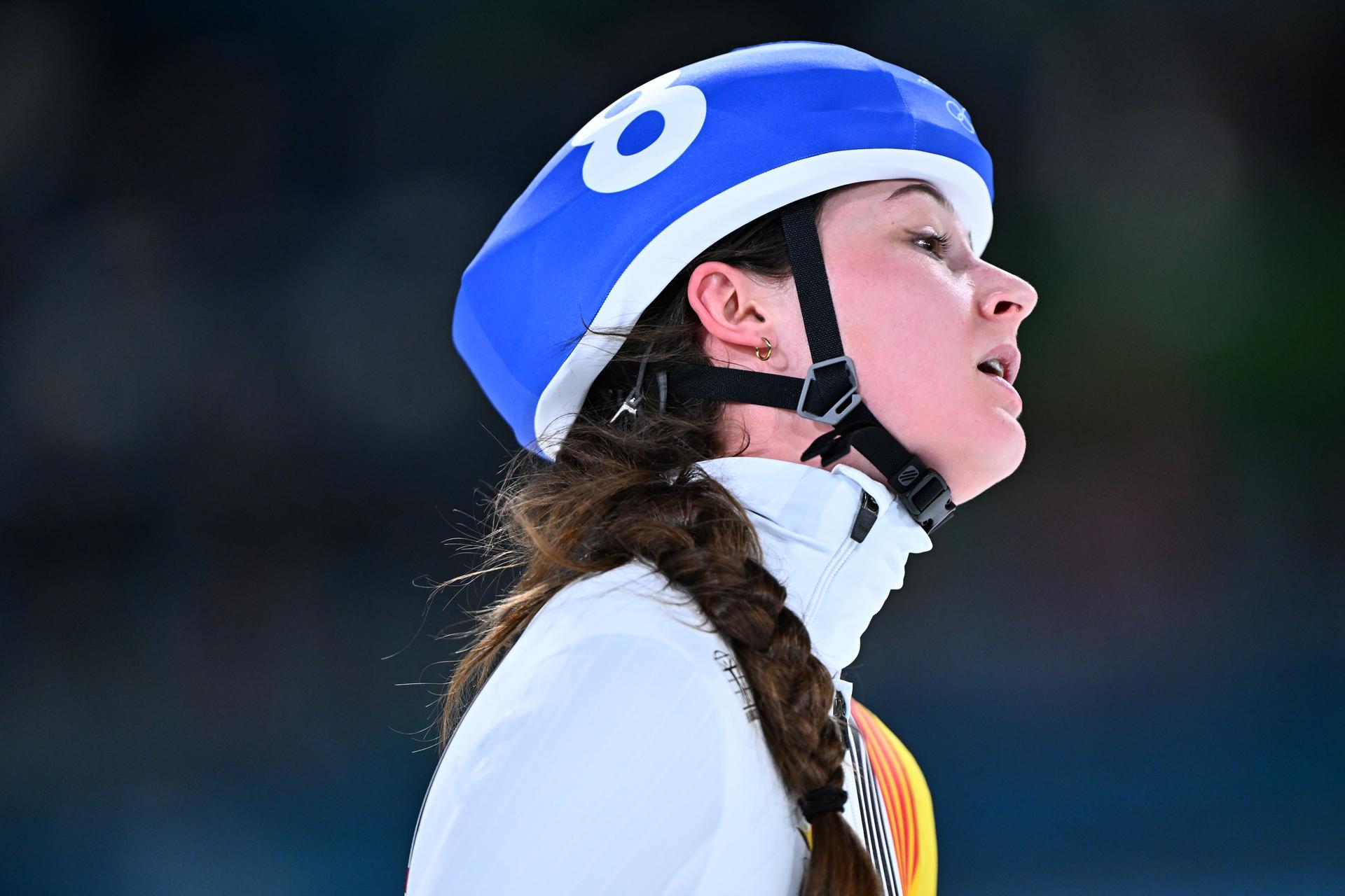 Belgian Fran Vanhoutte reacts after the final of the mass start women Speed Skating at the Milano Cortina 2026 Olympic Winter Games, on Saturday 21 February 2026 in Milan, Italy. The XXV Winter Olympics take place from 6 to 22 February 2026 in Italy. BELGA PHOTO JASPER JACOBS