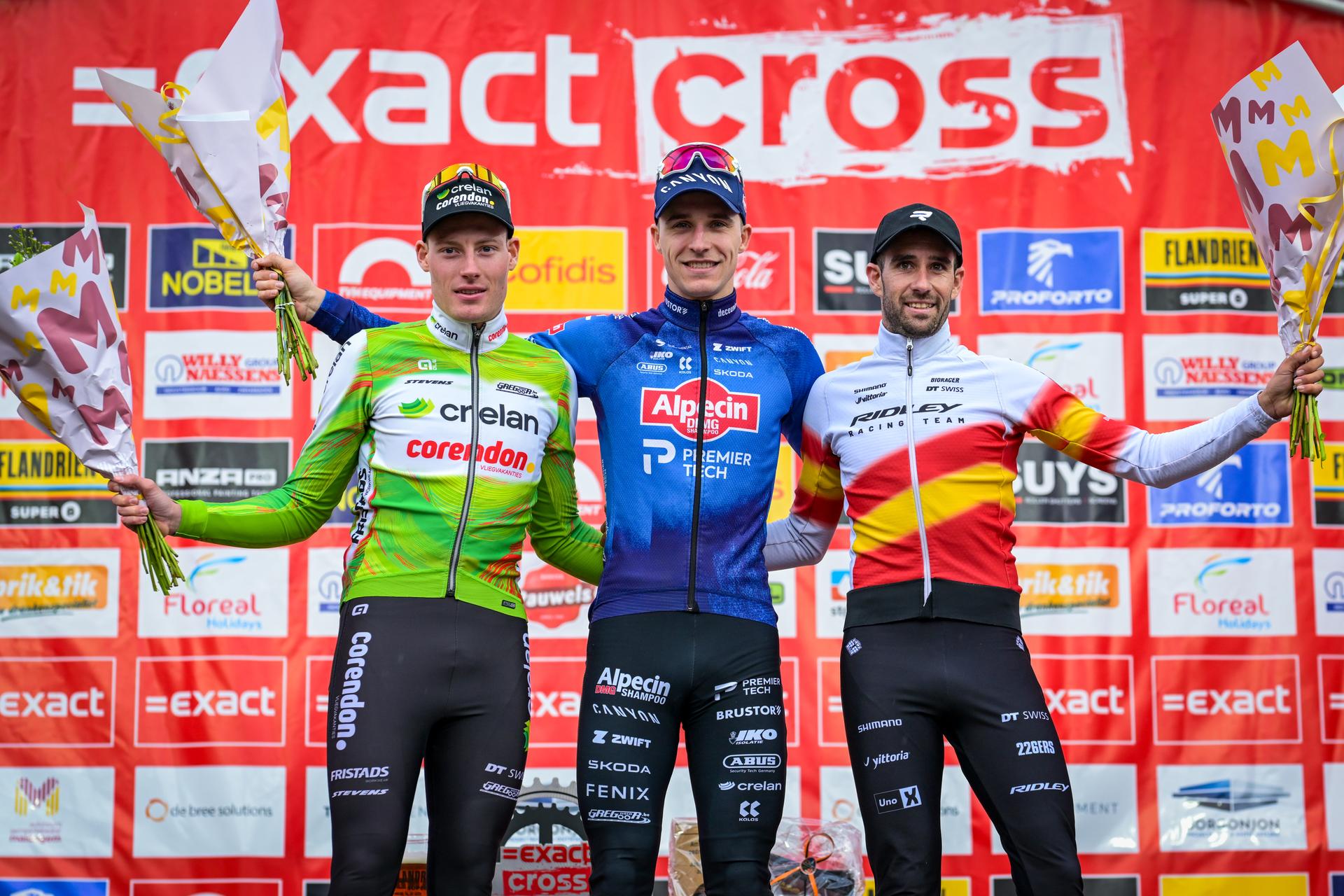 Belgian Joran Wyseure, Belgian Niels Vandeputte and Spanish Felipe Orts Lloret pictured on the podium after the men's elite race of the 'Parkcross' cyclocross cycling event, race 6/7 in the 'Exact Cross' competition, Wednesday 04 February 2026 in Maldegem. BELGA PHOTO DAVID PINTENS