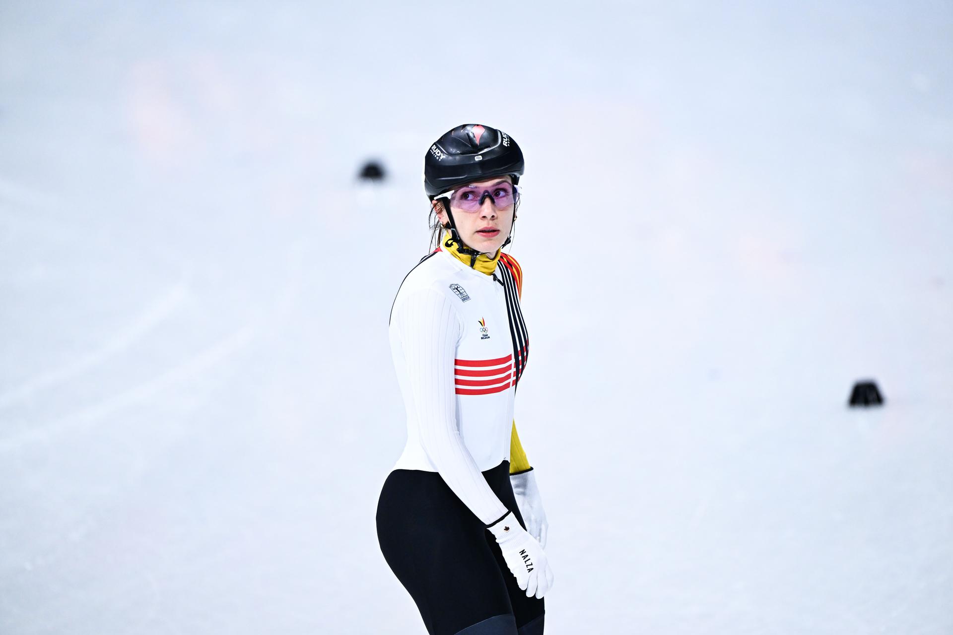 Belgian shorttrack skater Hanne Desmet pictured in action during the quarterfinals of the men's 1500m Short Track Speed Skating, at the Milano Cortina 2026 Olympic Winter Games, on Saturday 14 February 2026 in Milan, Italy. The XXV Winter Olympics take place from 6 to 22 February 2026 in Italy. BELGA PHOTO JASPER JACOBS