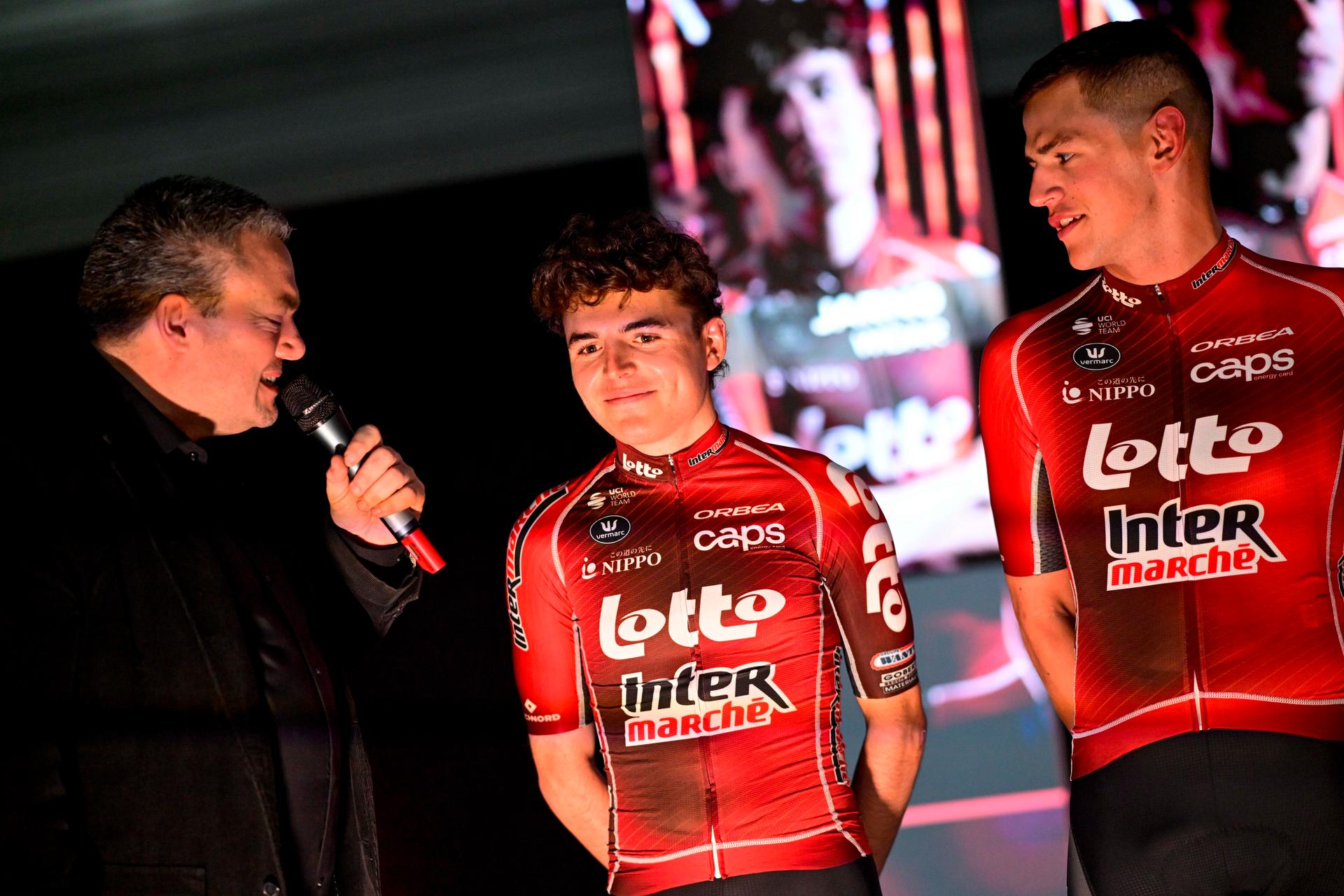 Belgian Jarno Widar pictured during the team presentation of the Lotto-Intermarche cycling team, Monday 12 January 2026 in Temse. BELGA PHOTO DIRK WAEM