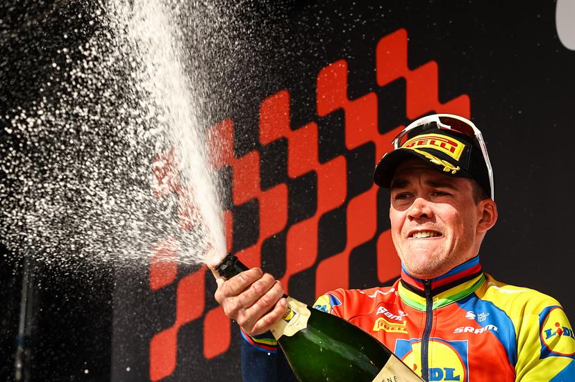 Danish Mads Pedersen of Lidl-Trek celebrates on the podium after winning the men elite 'Gent-Wevelgem - In Flanders Fields' one day cycling race, 250.3 km from Ieper to Wevelgem, Sunday 30 March 2025. BELGA PHOTO DAVID PINTENS