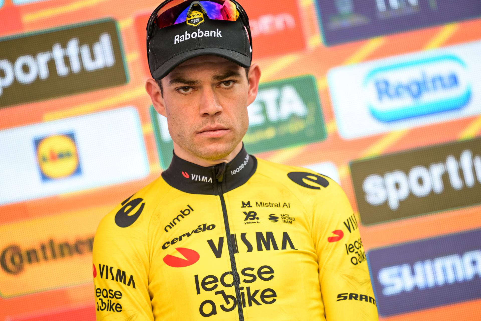 Belgian Wout van Aert of Team Visma-Lease a Bike pictured on the podium after the 'Milano-Sanremo' one day cycling race for men, 298km from Milan to San Remo, Italy, Saturday 21 March 2026. BELGA PHOTO DAVID PINTENS