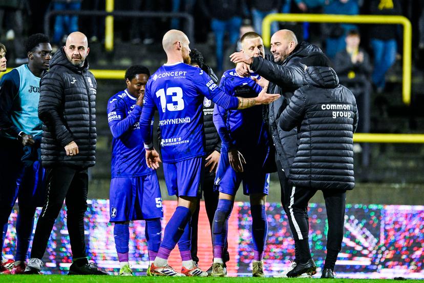 Patro Eisden's Denis Prychynenko, Patro Eisden's Kjetil Borry and Patro Eisden's head coach Stijn Stijnen celebrate after winning a soccer game between Lierse SK and Patro Eisden Maasmechelen, Friday 13 March 2026 in Lier, on day 30 of the 2025-2026 'Challenger Pro League' 1B second division of the Belgian championship. BELGA PHOTO TOM GOYVAERTS