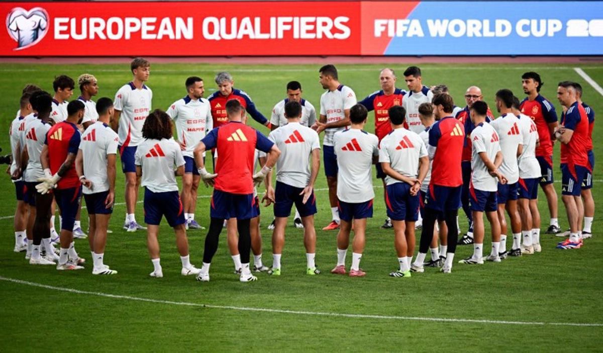 Spain's players take part in a training session of Spain's national football team, on the eve of the UEFA World cup 2026 Group E qualification football match between Bulgaria and Spain, at the Vassil Levski stadium in Sofia on September 3, 2025.  Nikolay DOYCHINOV / AFP