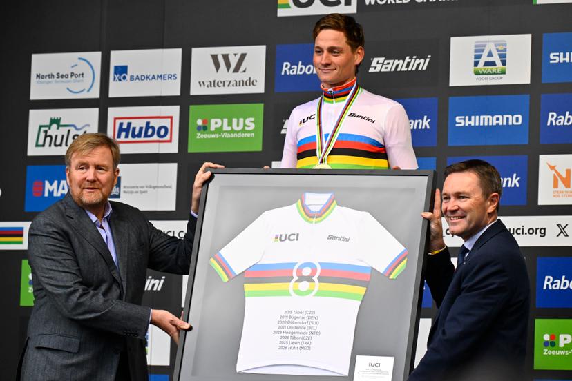 Dutch King Willem-Alexander and Dutch Mathieu van der Poel in the world champion jersey after winning for the eighth time the men elite race at UCI Cyclocross World Championships, on Sunday 01 February 2026, in Hulst, The Netherlands. BELGA PHOTO ERIC LALMAND
