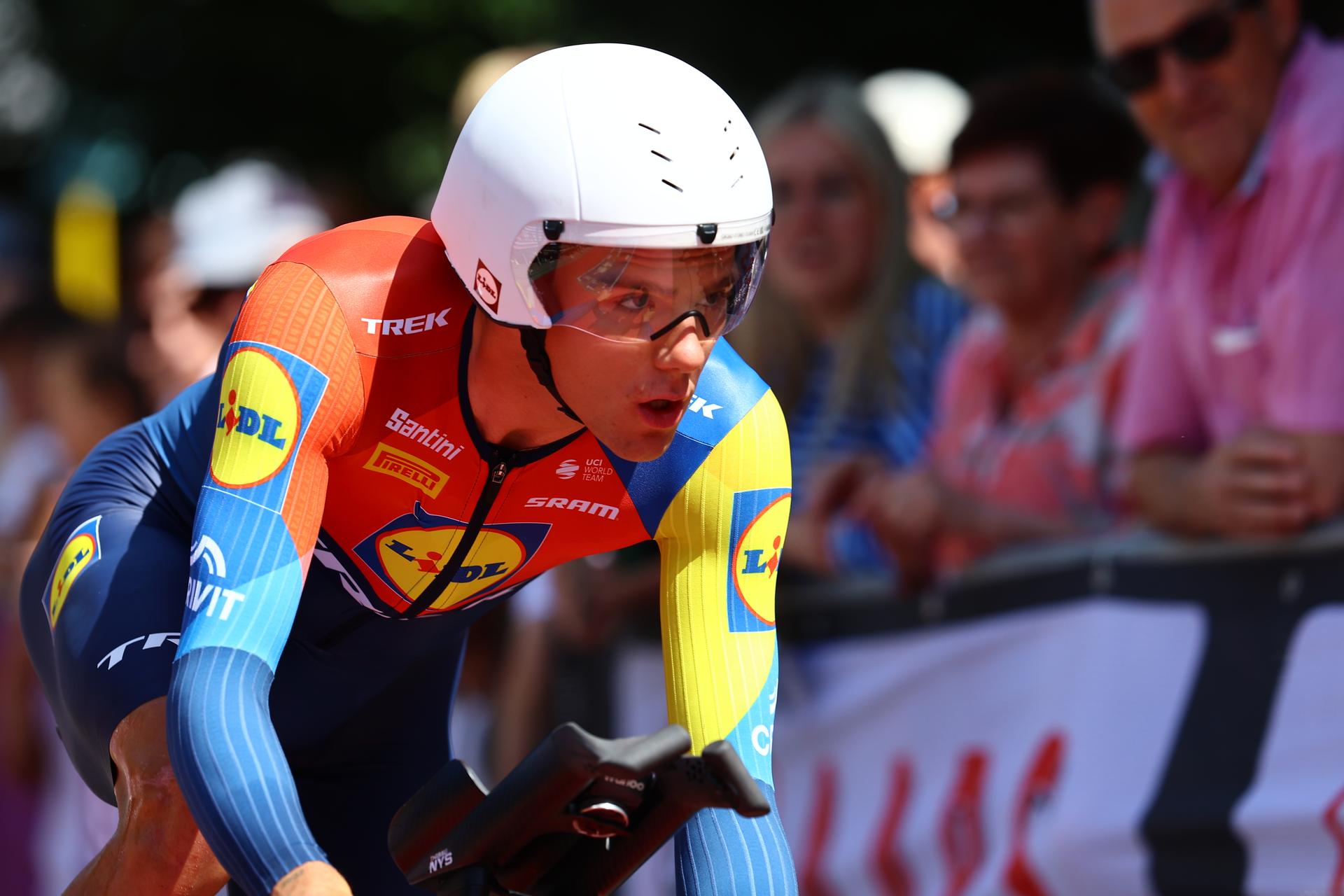 Belgian Thibau Nys of Lidl-Trek pictured in action during the third stage of the Baloise Belgium Tour cycling race, a 9,7km individual time trial from Tessenderlo to Ham, Friday 20 June 2025. The Baloise Belgium Tour takes place from 18 to 22 June. BELGA PHOTO DAVID PINTENS