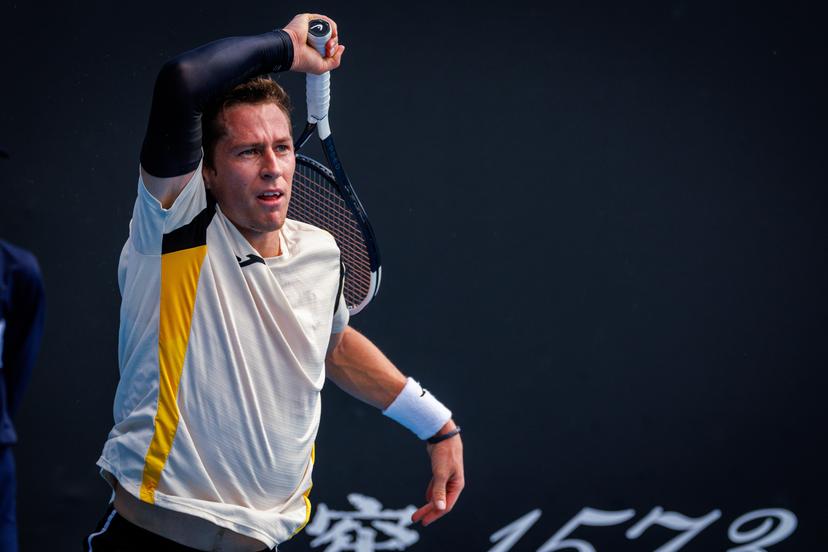 Belgium's Kimmer Coppejans pictured in action during a third round qualifying match in the men's singles against USA's Svajda at the Australian Open, Melbourne Park, Melbourne on Thursday 15 January 2026.  BELGA PHOTO PATRICK HAMILTON  --- BENELUX ONLY   ---