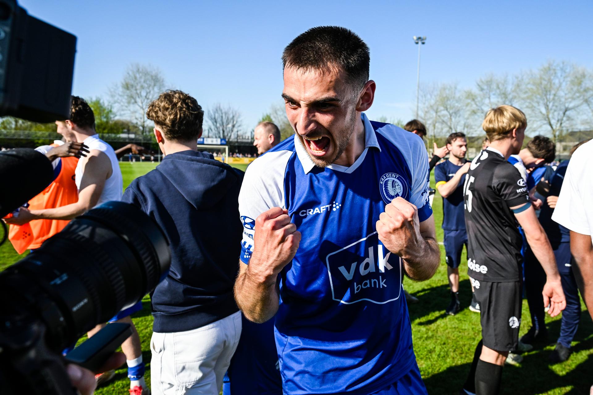 Jong Gent's Matties Volckaert Jong KAA Gent players (Gent U23) celebrate after winning the champion's title (Eerste Nationale), Saturday 05 April 2025, in Gent. BELGA PHOTO TOM GOYVAERTS