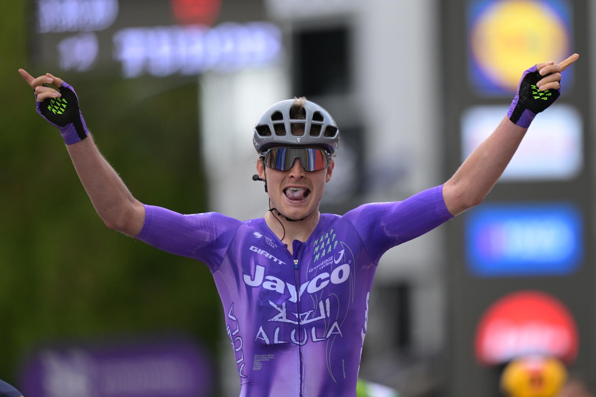 Danish Anders Foldager of Team Jayco-AIUIa crosses the finish line to win the men's 'Brabantse Pijl' one day cycling race, 162,6km from Huizingen, Beersel to Overijse on Friday 17 April 2026. BELGA PHOTO DAVID PINTENS