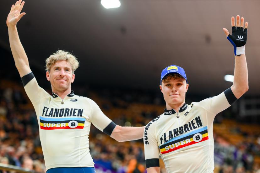 British Mark Stewart and Belgian Tom Crabbe pictured during the first day of the Zesdaagse Vlaanderen-Gent six-day indoor track cycling event at the indoor cycling arena 't Kuipke, Tuesday 18 November 2025, in Gent. BELGA PHOTO DAVID PINTENS