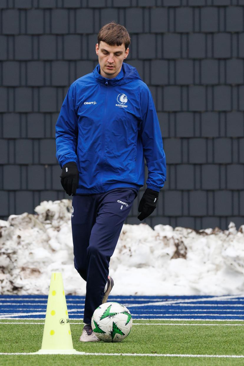 Gent's Pieter Gerkens pictured in action during a training session of Belgian soccer team KAA Gent, on Wednesday 12 February 2025 in Gent. The team is preparing for tomorrow's game against Spanish team Real Betis, the first leg of the Knockout phase play-offs of the UEFA Conference League competition. BELGA PHOTO KURT DESPLENTER