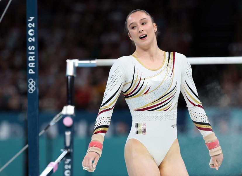 Belgian gymnast Nina Derwael pictured during the women's uneven bars final of the gymnastics competition at the Paris 2024 Olympic Games, on Sunday 04 August 2024 in Paris, France. The Games of the XXXIII Olympiad are taking place in Paris from 26 July to 11 August. The Belgian delegation counts 165 athletes competing in 21 sports. BELGA PHOTO BENOIT DOPPAGNE