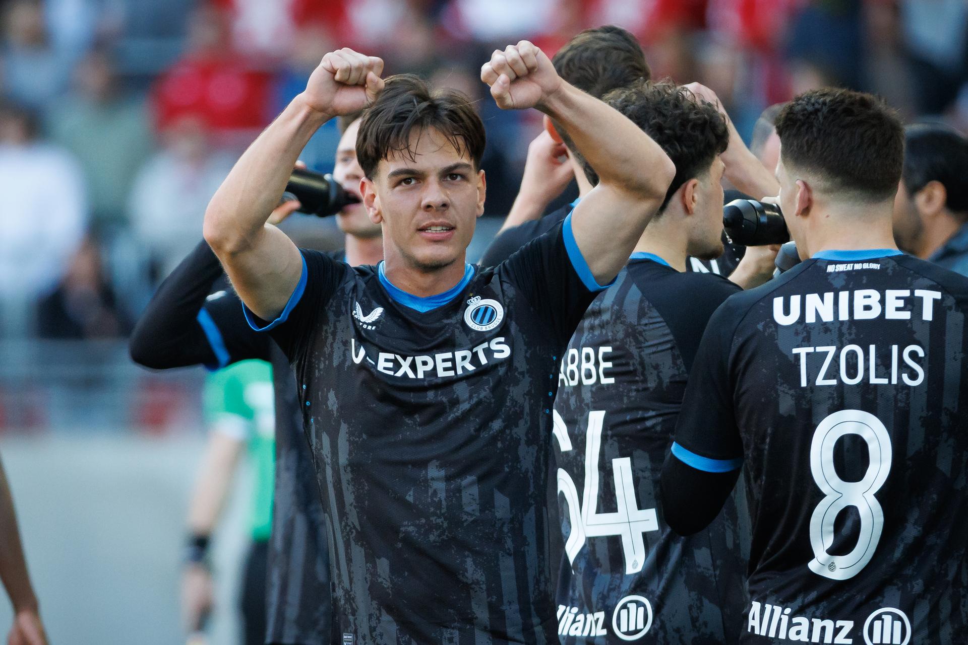 Club's Ardon Jashari celebrates after scoring during a soccer match between Royal Antwerp FC and Club Brugge, Sunday 06 April 2025 in Antwerpen, on day 2 (out of 10) of the Champions' Play-offs of the 2024-2025 'Jupiler Pro League' first division of the Belgian championship. BELGA PHOTO KURT DESPLENTER
