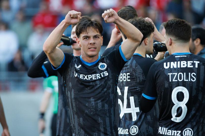 Club's Ardon Jashari celebrates after scoring during a soccer match between Royal Antwerp FC and Club Brugge, Sunday 06 April 2025 in Antwerpen, on day 2 (out of 10) of the Champions' Play-offs of the 2024-2025 'Jupiler Pro League' first division of the Belgian championship. BELGA PHOTO KURT DESPLENTER