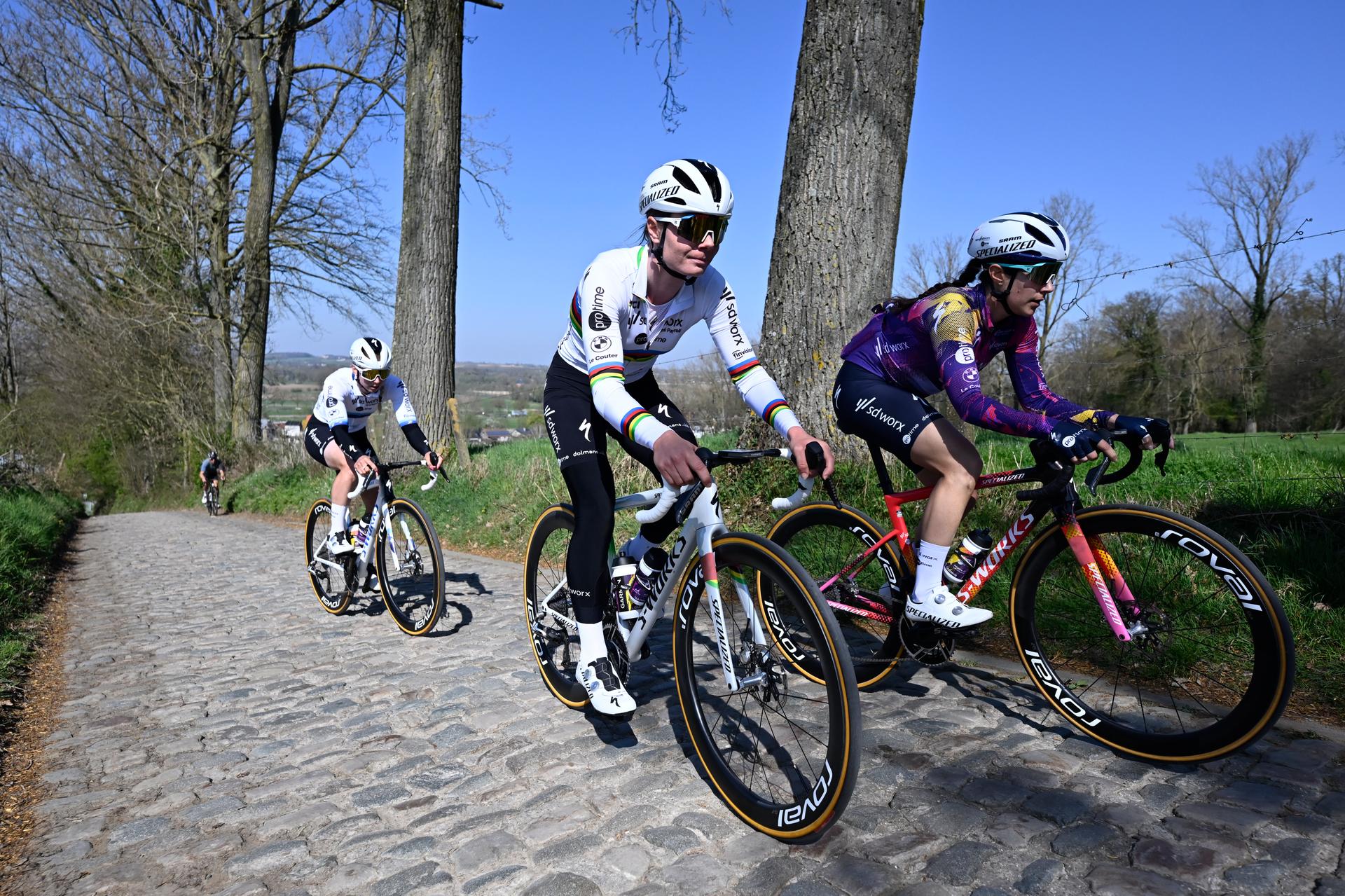 Belgian Lotte Kopecky of SD Worx-Protime pictured during a track reconaissance ahead of the Ronde van Vlaanderen/ Tour des Flandres/ Tour of Flanders cycling race, Thursday 03 April 2025. The 109th edition of the cycling race will take place on Sunday 06 April.  BELGA PHOTO DIRK WAEM