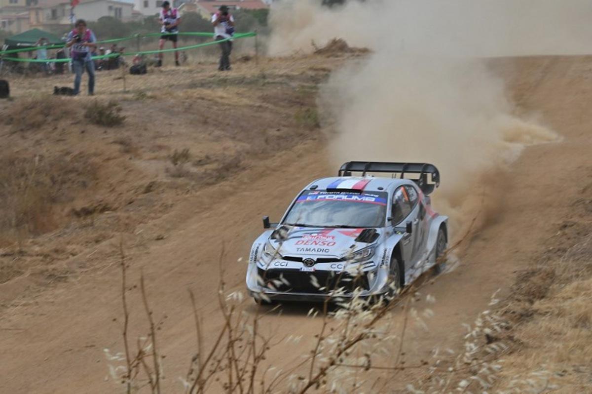 France's Sebastien Ogier and co-driver France's Vincent Landais steer their Toyota GR Yaris Rally1 Hybrid, during the shakedown in Cabu Abbas, near Olbia, in the 22nd edition of Rally of Sardegna in Italy, 6th round of the FIA World Rally Championship (WRC), on June 5, 2025.  Andreas SOLARO / AFP