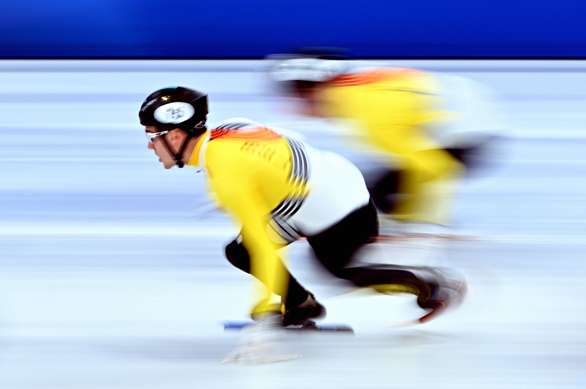 Belgian shorttrack skater Stijn Desmet pictured in action during the Final B of the men's 5000m relay Short Track Speed Skating, at the Milano Cortina 2026 Olympic Winter Games, on Friday 20 February 2026 in Milan, Italy. The XXV Winter Olympics take place from 6 to 22 February 2026 in Italy. BELGA PHOTO JASPER JACOBS
