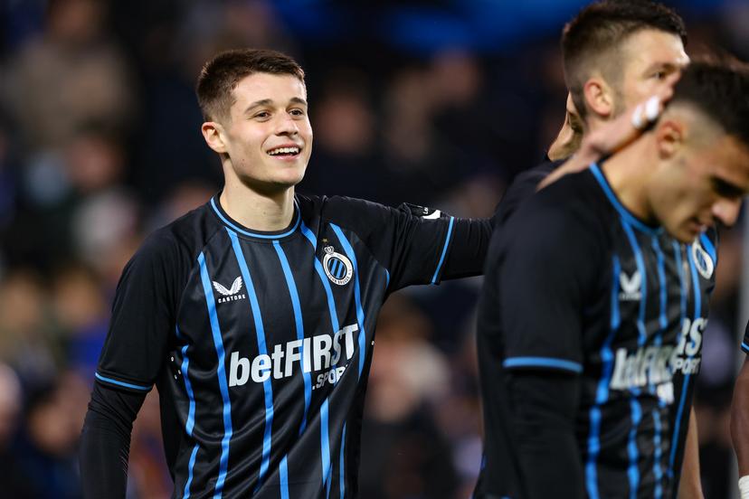 Club's Nicolo Tresoldi celebrates after scoring during a soccer match between Club Brugge and Oud-Heverlee Leuven, Saturday 21 February 2026 in Brugge, on day 26 (out of 30) of the 2025-2026 'Jupiler Pro League' first division of the Belgian championship. BELGA PHOTO BRUNO FAHY
