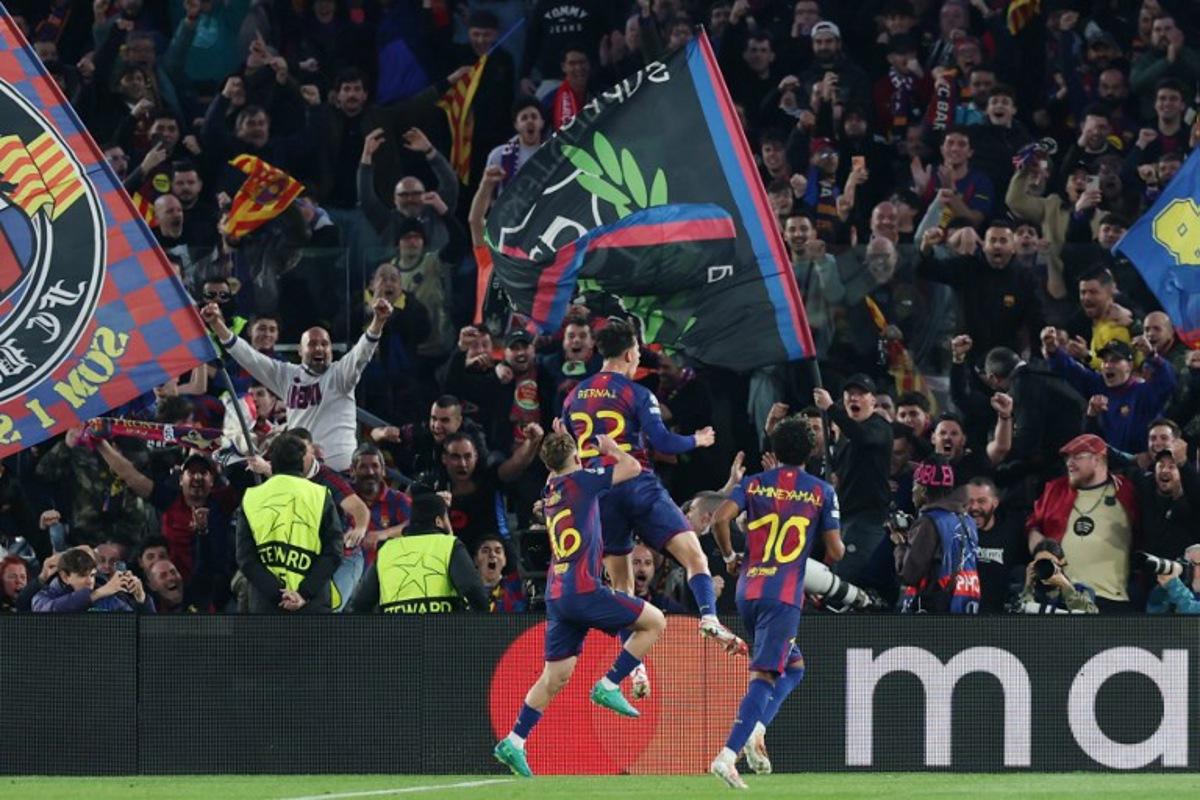 Barcelona's Spanish midfielder #22 Marc Bernal celebrates scoring his team0's second goal during the UEFA Champions League last 16 second leg football match between FC Barcelona and Newcastle United at the Camp Nou stadium in Barcelona, on March 18, 2026. Lluis GENE / AFP