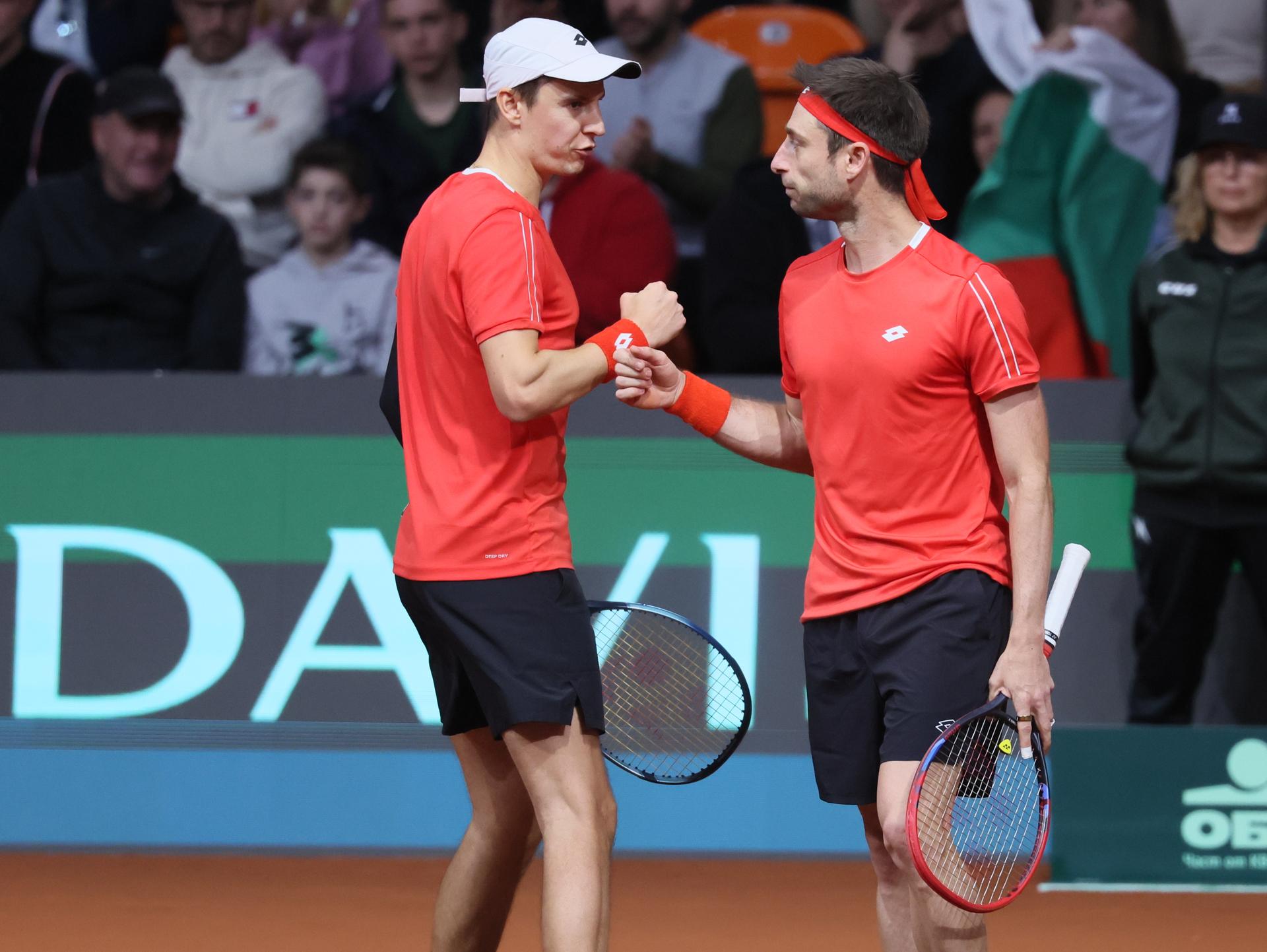Belgian Joran Vliegen and Belgian Sander Gille celebrate action during a doubles tennis match against Bulgarian pair Donski/Nesterov, match 3 of the qualifier of the Davis Cup on Sunday 08 February 2026, in Plovdiv, Bulgaria. Belgium will compete this weekend in the Davis Cup qualifiers against Bulgaria. BELGA PHOTO BENOIT DOPPAGNE