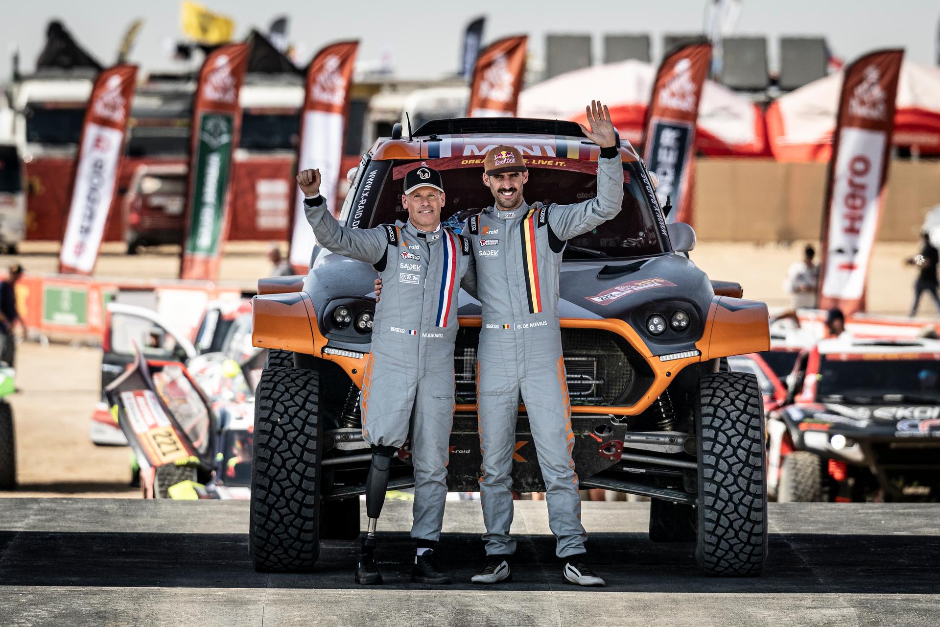 ATTENTION EDITORS - HAND OUT PICTURES - EDITORIAL USE ONLY - MANDATORY CREDIT:  'SIMON BAUCHAU'  Hand out picture released by Eric Dupain shows Mathieu Baumel and Guillaume de Mevius at at the prologue of the 2026 Dakar rally race in Yanbu, Saoudi Arabia on Saturday 03 January 2026.  *** Belga and Belga Editorial Board decline all responsibility regarding the content of this picture. *** PHOTO HAND OUT - SIMON BAUCHAU
