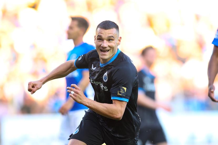 Club's Ferran Jutgla celebrates after scoring during a soccer match between KRC Genk and Club Brugge, Sunday 11 May 2025 in Genk, on day 8 (out of 10) of the Champions' Play-offs of the 2024-2025 'Jupiler Pro League' first division of the Belgian championship. BELGA PHOTO BRUNO FAHY