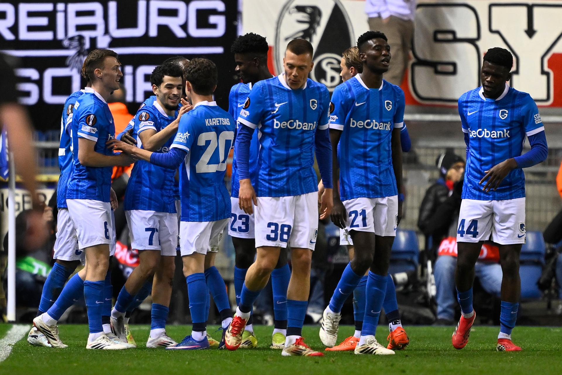 Genk's Zakaria El Ouahdi celebrates after scoring during a game between Belgian soccer team KRC Genk and German Freiburg, Thursday 12 March 2026 in Genk, the first leg of the 1/16 Finals of the UEFA Europa League tournament. BELGA PHOTO JOHAN EYCKENS