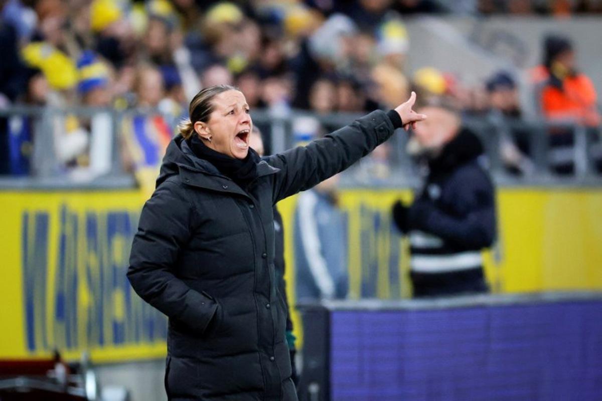 Switzerland's German head coach Inka Grings gestures on the sidelines during the UEFA Women's Nations League group A4 football match Sweden vs Switzerland in Gothenburg, Sweden, on October 27, 2023.  Adam IHSE / TT NEWS AGENCY / AFP