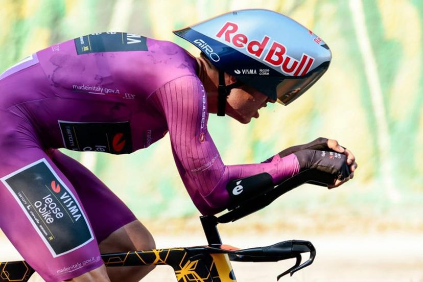 Team Visma-Lease a Bike's Belgian rider Wout Van Aert competes during the second stage of the 108th Giro d'Italia cycling race, a 13.7km individual time-trial from Tirana to Tirana in Albania, on May 10, 2025.  Luca Bettini / AFP