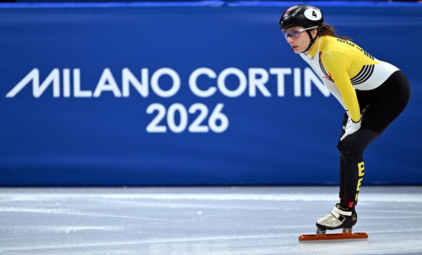Belgian shorttrack skater Hanne Desmet reacts after the quarterfinals of the women's 1000m Short Track Speed Skating, at the Milano Cortina 2026 Olympic Winter Games, on Monday 16 February 2026 in Milan, Italy. The XXV Winter Olympics take place from 6 to 22 February 2026 in Italy. BELGA PHOTO JASPER JACOBS