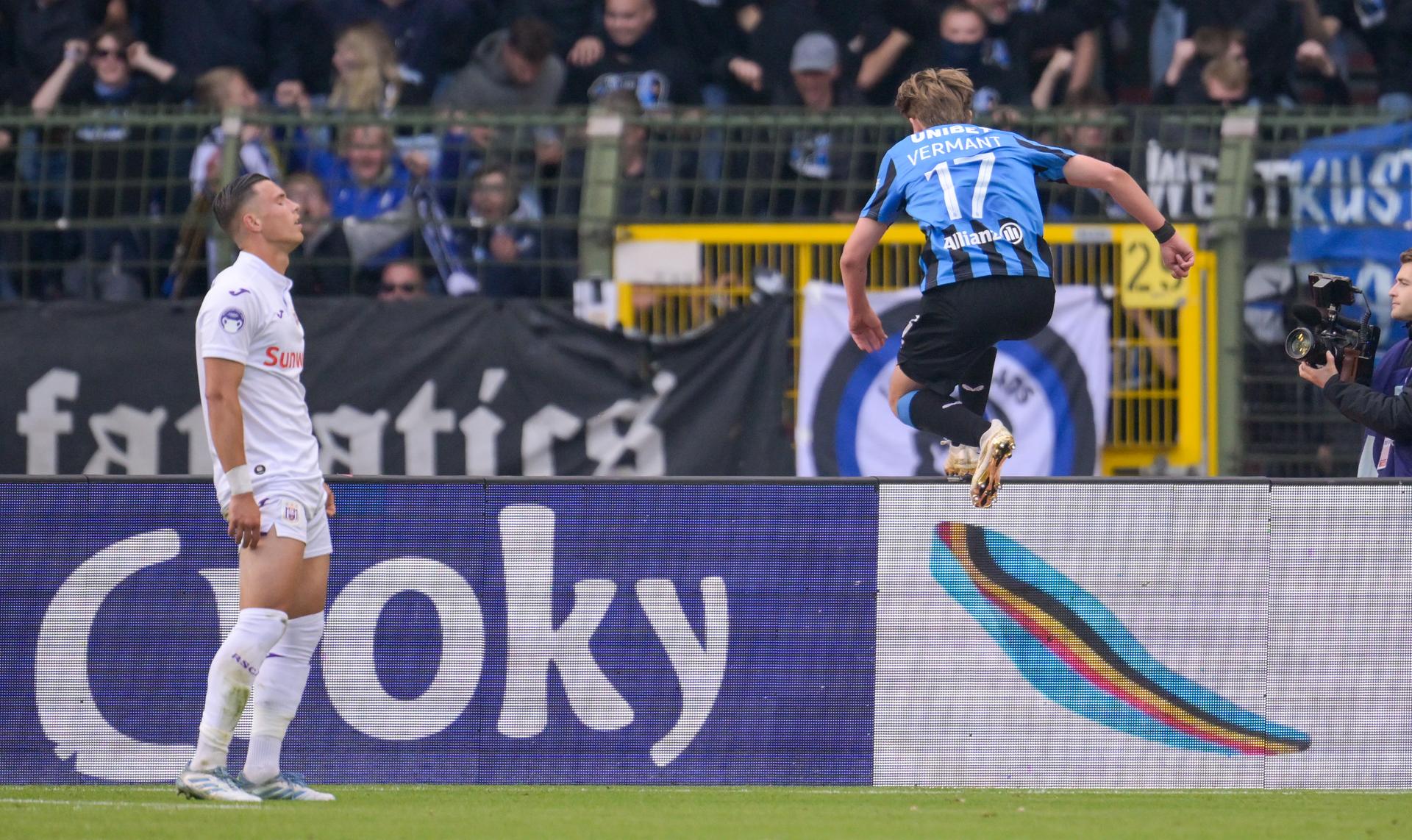 Club's Romeo Vermant celebrates after scoring during a soccer game between Club Brugge and RSC Anderlecht in Brussels, Sunday 04 May 2025, the final of the 'Croky Cup' Belgian soccer cup. BELGA PHOTO JOHN THYS