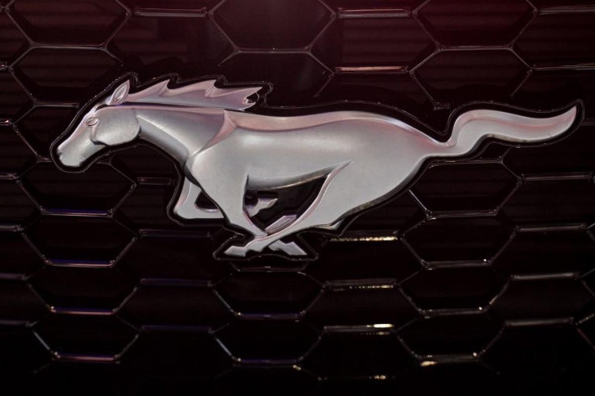 A Ford Mustang logo on is seen during the 21st Shanghai International Automobile Industry Exhibition at the National Exhibition and Convention Center in Shanghai on April 24, 2025.  Hector RETAMAL / AFP