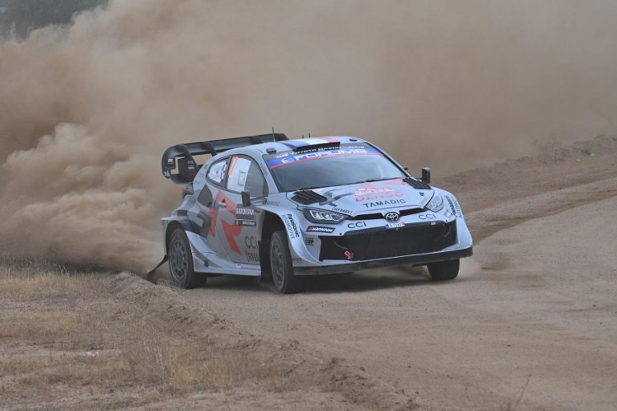 France's Sebastien Ogier and co-driver France's Vincent Landais steer their Toyota GR Yaris Rally1 Hybrid, during the shakedown in Cabu Abbas, near Olbia, in the 22nd edition of Rally of Sardegna in Italy, 6th round of the FIA World Rally Championship (WRC), on June 5, 2025.  Andreas SOLARO / AFP