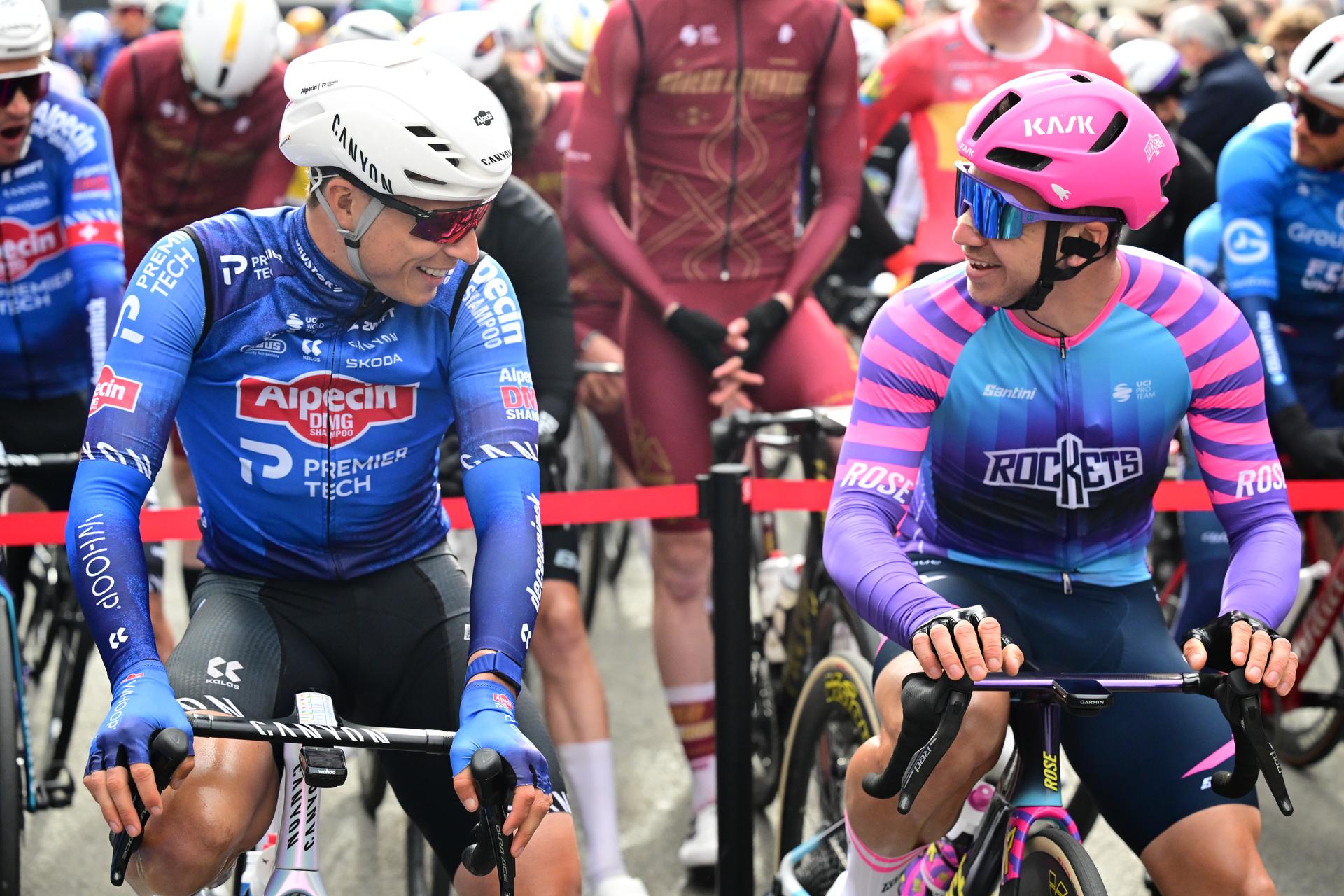 Belgium's Jasper Philipsen of Alpecin-Premier Tech and Netherlands' Dylan Groenewegen of Unibet Rose Rockets pictured at the start of the 78th edition of the men elite race of the Kuurne-Brussels-Kuurne one day cycling race, 195 km from Kuurne to Kuurne via Brussels, Sunday 01 March 2026.  BELGA PHOTO DIRK WAEM
