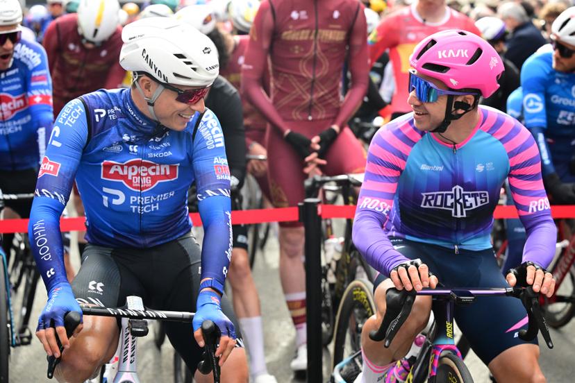 Belgium's Jasper Philipsen of Alpecin-Premier Tech and Netherlands' Dylan Groenewegen of Unibet Rose Rockets pictured at the start of the 78th edition of the men elite race of the Kuurne-Brussels-Kuurne one day cycling race, 195 km from Kuurne to Kuurne via Brussels, Sunday 01 March 2026.  BELGA PHOTO DIRK WAEM
