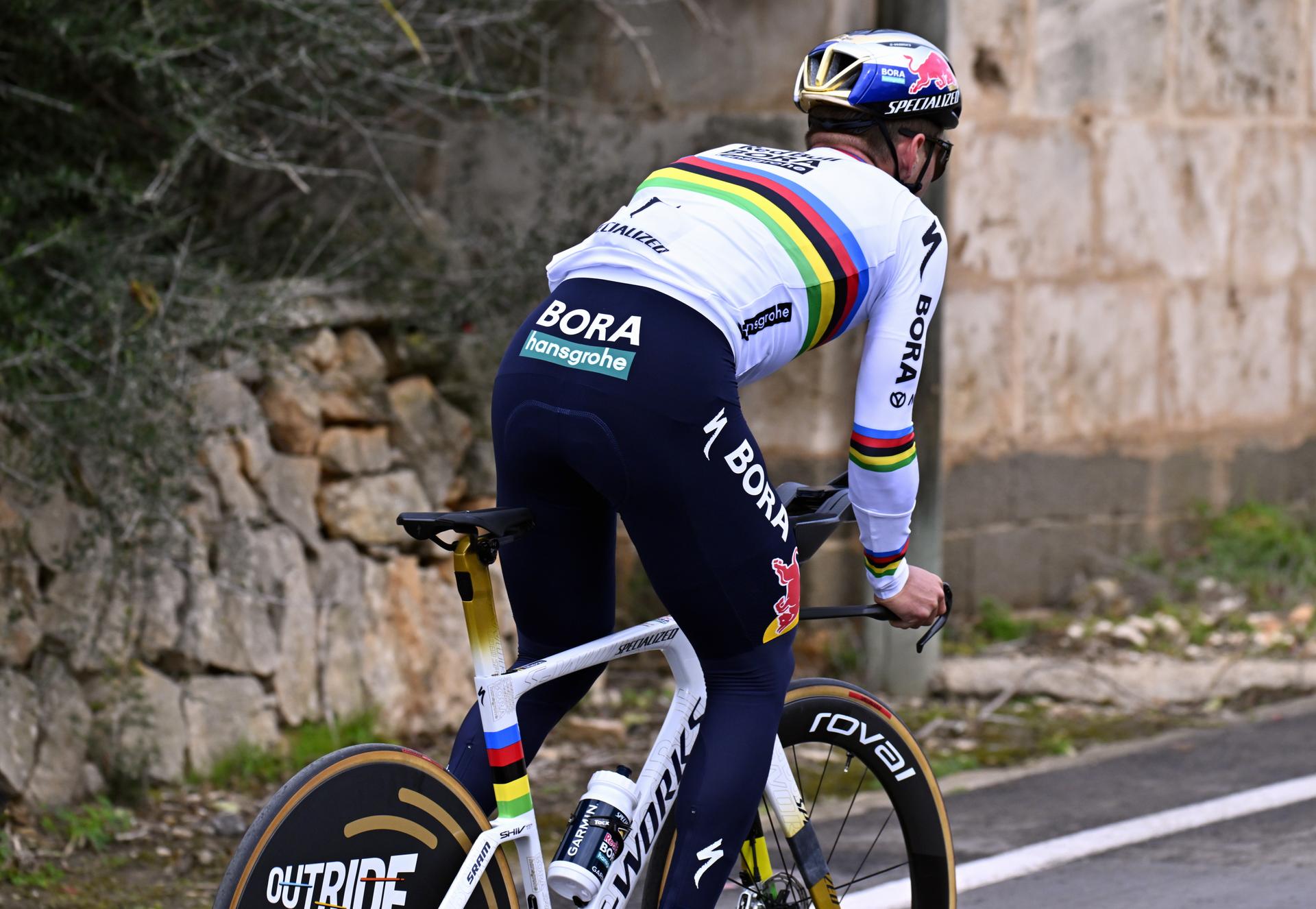 Belgian Remco Evenepoel pictured during a warm-up ride, before the Team Time Trial of the Trofeo Ses Salines Challenge Mallorca cycling race, 23,8km in Colonia de Sant Jordi, Mallorca, Spain on Thursday 29 January 2026. Belgian Evenepoel is participating in the first race in the colors of his new team Red Bull-Bora-Hansgrohe. BELGA PHOTO ERIC LALMAND