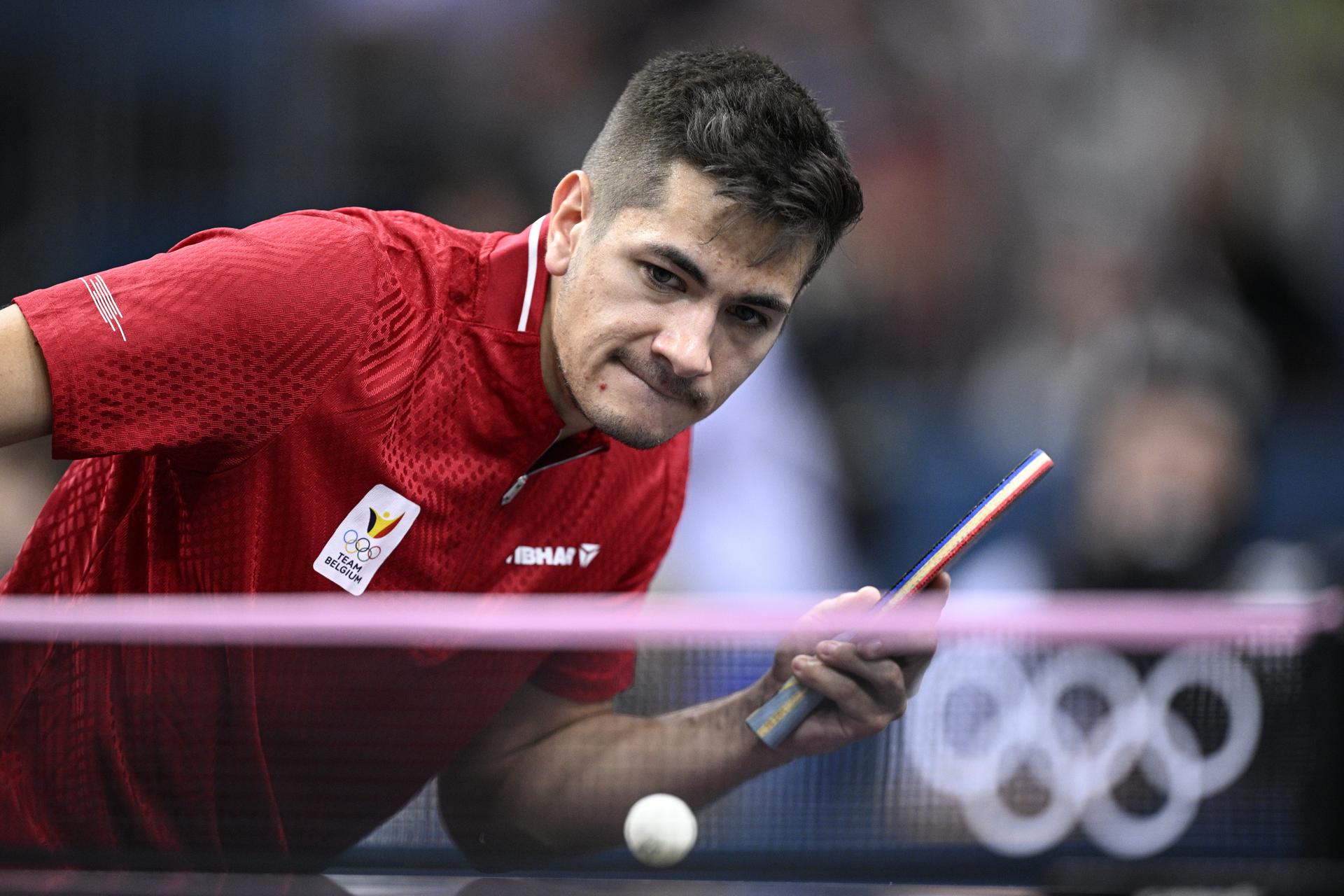 Belgian Martin Allegro pictured in action during a table tennis match against Japanese Harimoto, in the round of 64 of the men's singles tournament at the Paris 2024 Olympic Games, on Monday 29 July 2024 in Paris, France. The Games of the XXXIII Olympiad are taking place in Paris from 26 July to 11 August. The Belgian delegation counts 165 athletes competing in 21 sports. BELGA PHOTO JASPER JACOBS