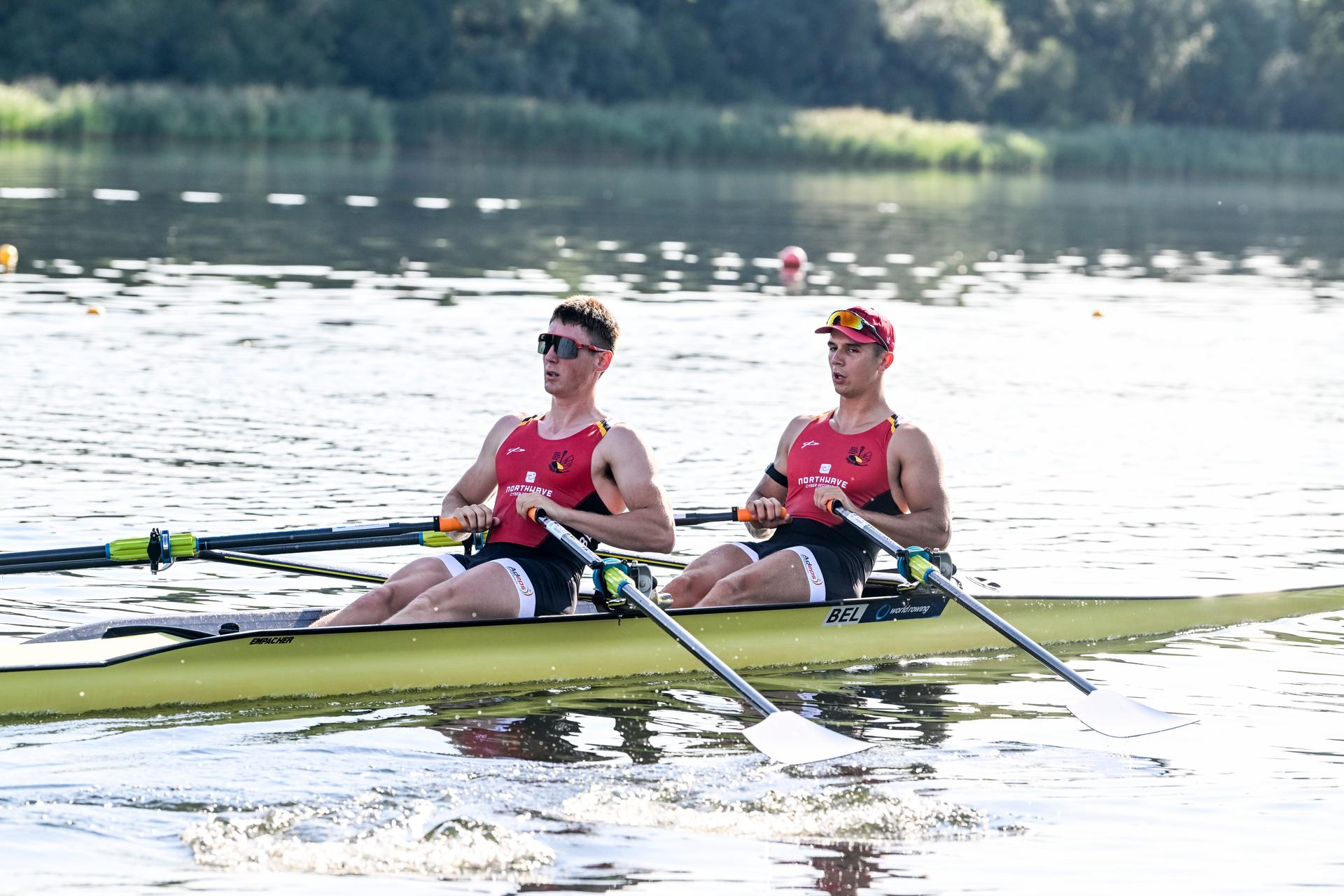 U23 Belgian Shark rower Aaron Andries and U23 Belgian Shark rower Tristan Vandenbussche pictured in action during a training session ahead of a press conference organized by the Vlaamse Roeiliga and Peddelsport Vlaanderen, ahead of the Olympic Games in Parijs 2024, Friday 11 August 2023 in Willebroek. During this press conference, the selection criteria and the athletes towards the Paris Olympics will be presented. BELGA PHOTO TOM GOYVAERTS