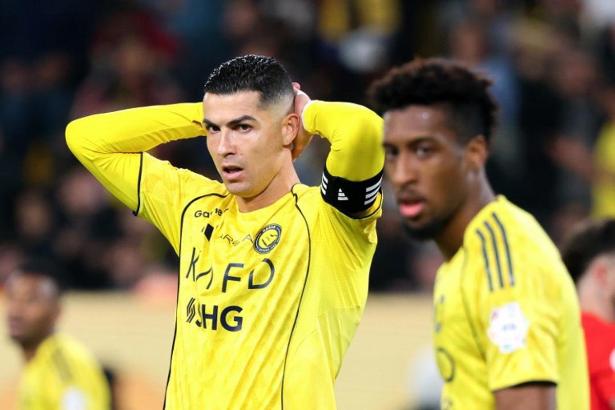 Nassr's Portuguese forward #07 Cristiano Ronaldo reacts during the Saudi Pro League football match between Al-Nassr FC and Al-Qadsiah at al-Awwal Park stadium in Riyadh on January 8, 2026.   Fayez NURELDINE / AFP