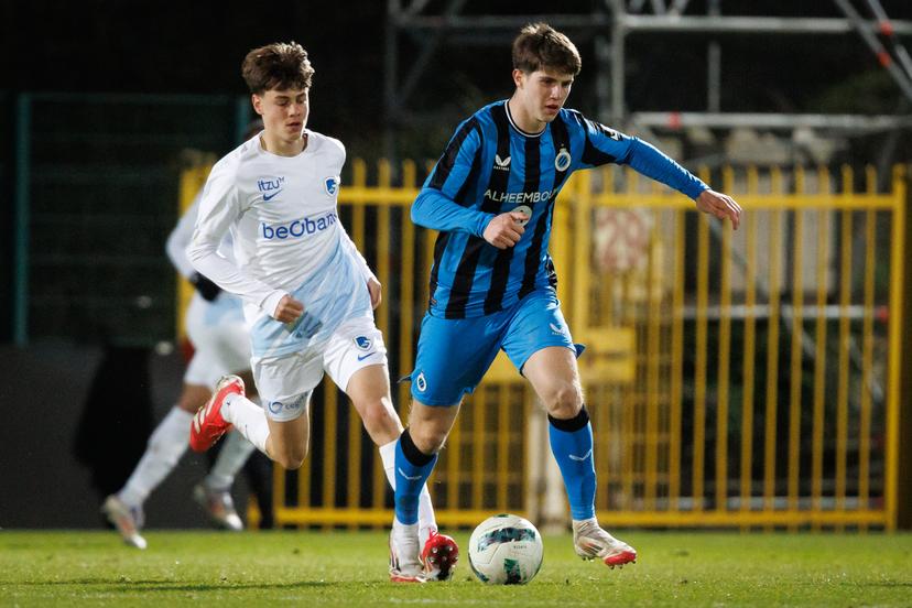 Genk's De Wannelacker August Jan and Club's Alejandro Granados fight for the ball during a soccer match between Club NXT and Jong Genk, Friday 14 March 2025 in Roeselare, on day 26 of the 2024-2025 'Challenger Pro League' 1B second division of the Belgian championship. BELGA PHOTO KURT DESPLENTER